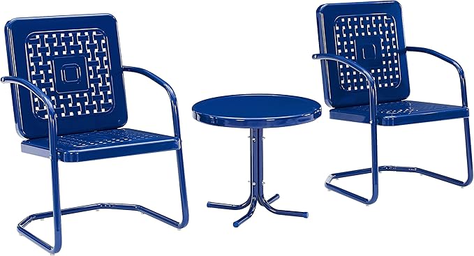 Crosley Furniture Bates 3-Piece Outdoor Chair and Side Table Set, Retro Metal Bistro Patio Conversation Sets, Navy Gloss