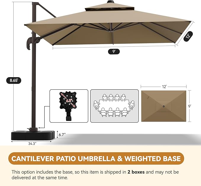 GENTEACO 9x12FT Cantilever Patio Umbrella with Base Included, Double Top Rectangle Offset Umbrella 7 Angle Tilts & 360° Rotation, Large Heavy Duty Outdoor Sun Umbrella for Pool Market, Tan