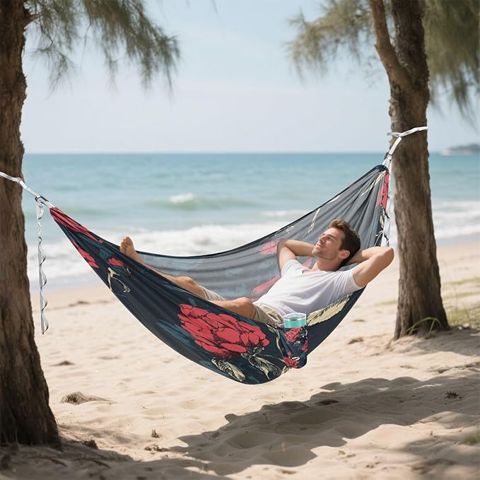 Anime Rose Dark Blue Outdoor Hammock Foldable Hanging Hammock for Outside Patio Garden