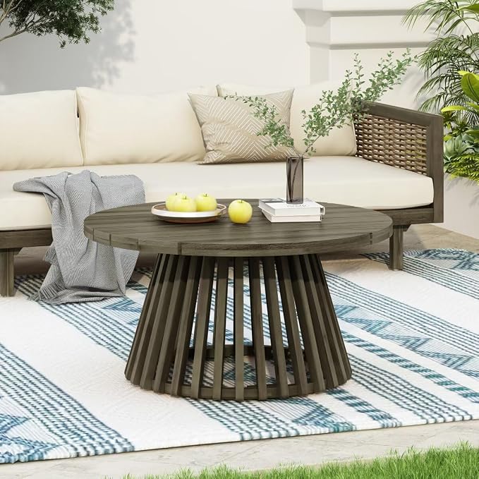 JIJIWANG 31.5" Outdoor Acacia Wood Patio Coffee Table for 2-4 Person, Round Coffee Table for Backyard, Lawn, Balcony, Grey Finis