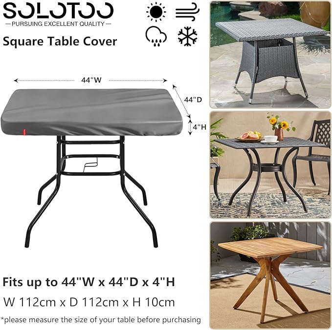 Outdoor Square Table Cover Waterproof UV-Resistant for 44 x 44 Inch Patio Tables - Heavy Duty Weatherproof Table Top Protector with Elastic Hem (Grey)