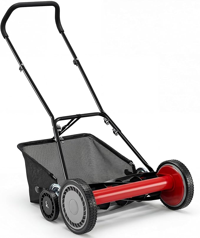 IRONMAX 18 Inch 5-Blade Push Reel Lawn Mower, 9-Level Adjustable Cutting Heights, Removable Grass Catcher, Lightweight No Motor Walk-Behind Manual Grass Cutter for Garden Yard Park (Red, 18 Inch)