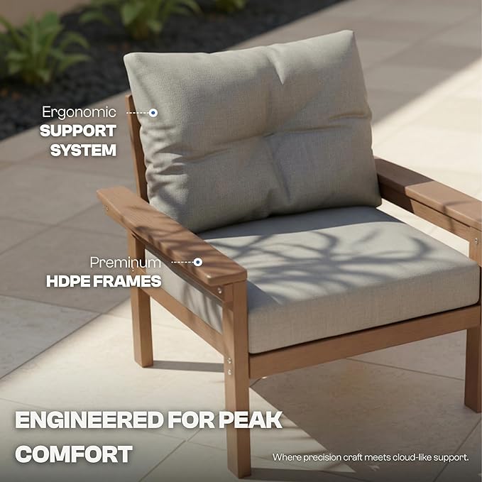 3 Piece Patio Furniture Set, All-Weather HDPE Outdoor Conversation Set with 2 Armchairs and 1 Side Table, Heavy Duty Porch Bistro Set for Garden & Balcony, Natural Teak