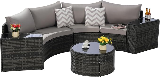 KEIKI 7-Piece Half-Moon Outdoor Patio Furniture Set, Rattan Patio Conversation Set with Coffee Table & 2 Sofa Side Table & 4 Curved Armless Sofa, Wicker Curved Sectional Sofa Set, for Backyard, Gray