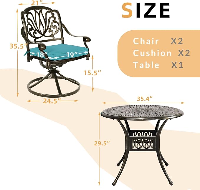 3-Piece Outdoor Patio Dining Set, All-Weather Cast Aluminum Patio Furniture Set for Backyard Garden Deck with 2 Swivel Cushioned Chairs and 35.4” Round Table, 2" Umbrella Hole, Ocean Blue