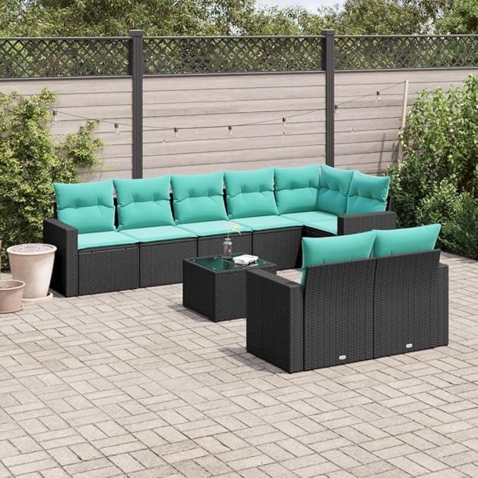 vidaXL Patio Sofa Set with Cushions 9 Piece, Outdoor Conversation Set, Sectional Sofa for Balcony Garden, Patio Furniture, Black Poly Rattan