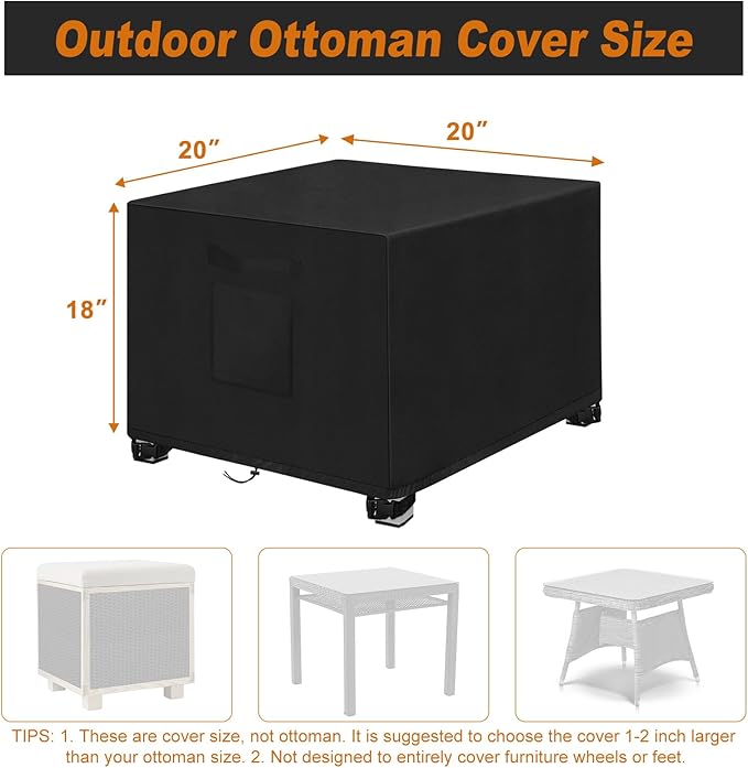 LYHNMW Outdoor Patio Ottoman Cover, 2PCS 20" L x 20" W x 18" H Waterproof Patio Ottoman Cover, 600D Heavy Duty Patio Furniture Cover with Padded Handles (Black)