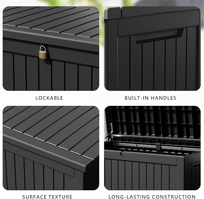 deck box,XXL 230 gallon Resin Large outdoor storage box waterproof and sunproof Loackable Suitable for patio furniture and outdoor garden tool storage（black）