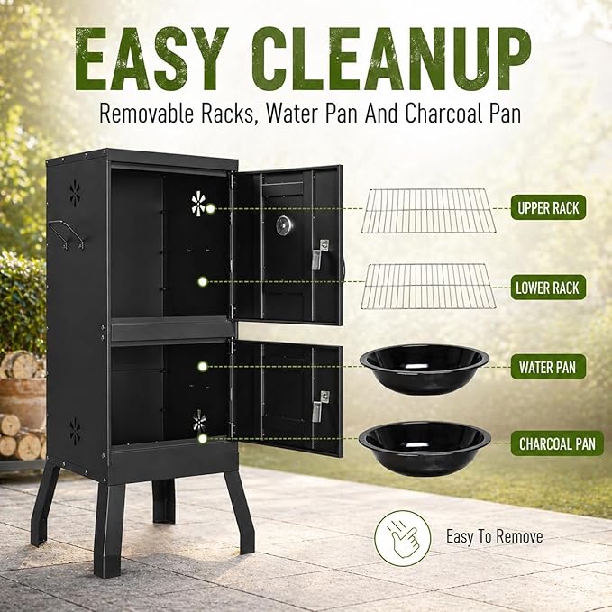 Vertical Charcoal Smoker, 2-in-1 Smoker Grill, BBQ Smoker for Meat, Outdoor Smoker for Backyard Patio | Double Door Easy Access | 2 Cooking Racks, 4 Air Vents, Built-In Thermometer