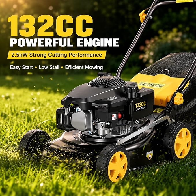 16 Inch Gas Lawn Mower 132CC 4-Stroke Push Lawn Mower with 8-Position Height Adjustment, 45L Grass Bag, 15.75 Inch Cutting Width, Walk Behind Grass Cutter for Yard Garden Orchard Lawn Care