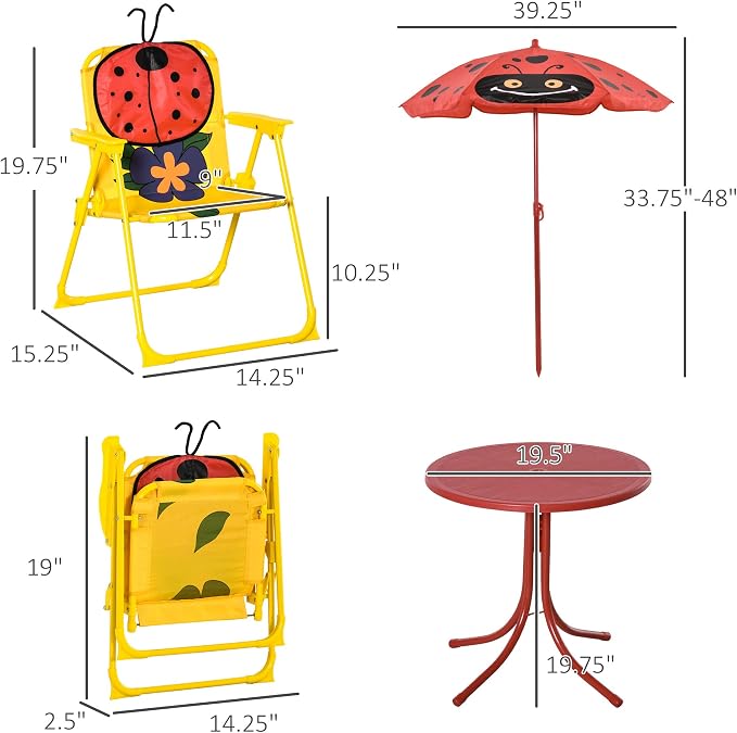 Outsunny Kids Table and Chair Set, Outdoor Folding Garden Furniture, Picnic Table for Patio Backyard, with Removable & Height Adjustable Sun Umbrella, Red