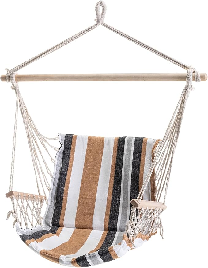 Castaway Living Hammock Chair, Hanging Rope Cushioned Swing with Quick Dry Fabric for Indoor & Outdoor Use - Gray and Black Stripe