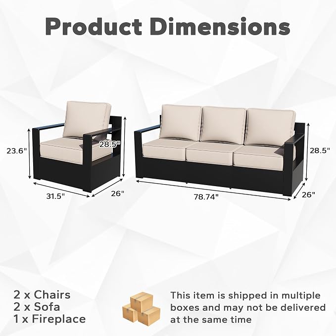 Outdoor Aluminum Furniture Set, 5-Piece Patio Conversation Set, 2 Swivel Chairs, 2 Sofa and 1 Fireplace, All-Weather Metal Frame, 6" Thick Removable Cushions, Deep Setting for Garden and Porch