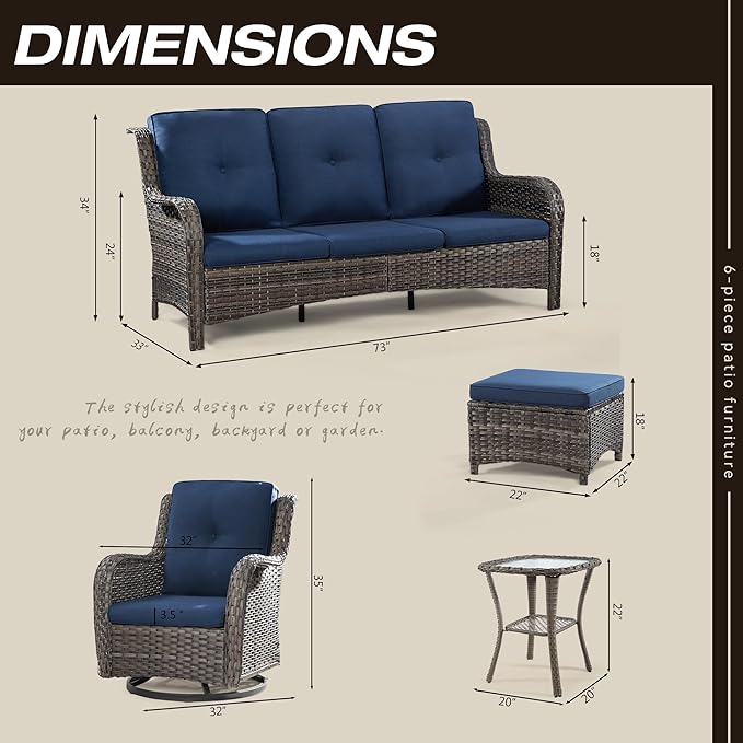 Wicker Patio Furniture Set 6 Piece Set with 1 Three-Seat Sofa, 2 Swivel Rocker Chairs, 2 Ottomans and 1 Side Table, Outdoor Furniture Patio Conversation Sets(Mixed Grey/Blue)