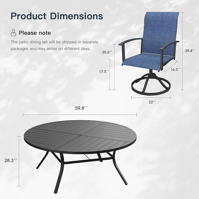 VICLLAX 9 Pieces Patio Outdoor Dining Set, 8 Swivel Textilene Chairs and 60" Round Metal Table with Umbrella Hole for Porch, Deck, Garden, Black/Dark Blue
