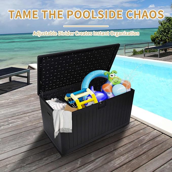 230 Gallon Outdoor Storage Box, Waterproof Deck Box with Lockable Design, Heavy-Duty Resin Container for Patio Cushions, Garden Tools, Black