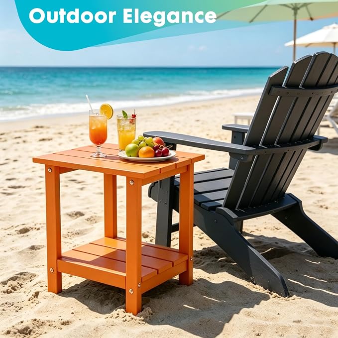 Outdoor 2-Tier Square Side Table, Adirondack Weather Resistant Patio End Table, Low Maintenance HDPE Accent Table for Backyard, Pool, Porch, Deck, Orange