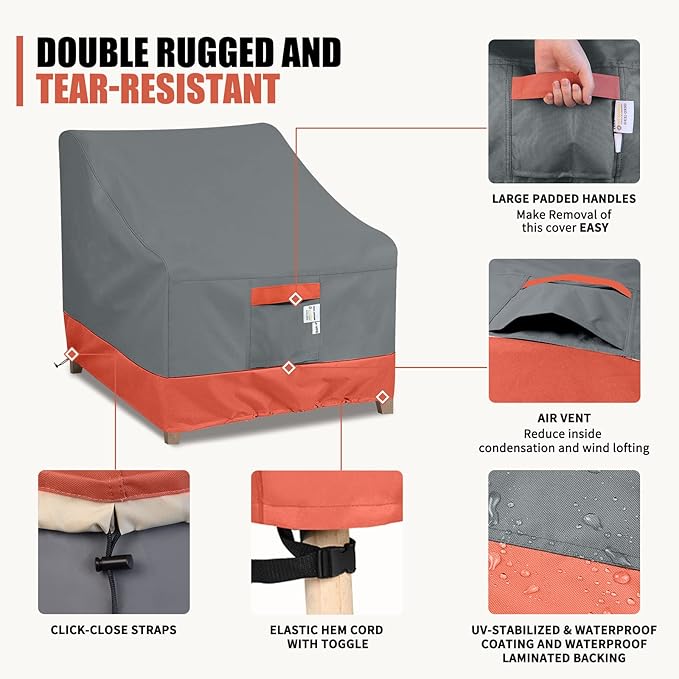 Heavy Duty 600D Waterproof Outdoor Swivel Chair Covers, 2 Pack Patio Lounge Chair Cover 30"W x 37"D x 31"H, Red & Grey