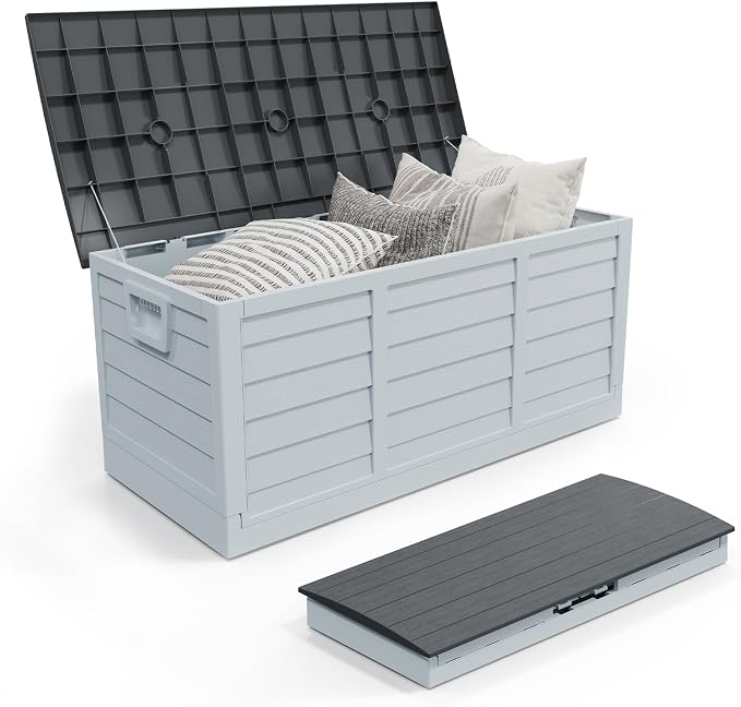 Foldable 75 Gallon Outdoor Storage Box, Plastic Storage Containers with Lid, Patio Deck Box Furniture for Garden, Pool, Balcony, Yard (Black Lid)
