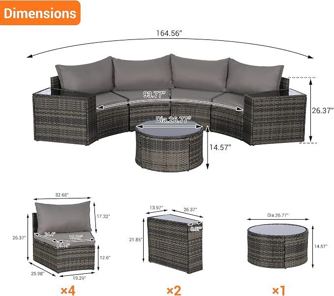 KEIKI Outdoor Patio Furniture 7-Piece Half-Moon Curved Sectional Sofa Set, All-Weather Wicker Patio Conversation Set with Round Coffee Table and 2 Storage Armrests for Poolside Backyard, Light Gray