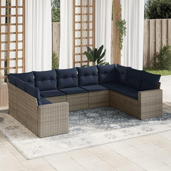 vidaXL Patio Sofa Set with Cushions 9 Piece, Outdoor Conversation Set, Sectional Sofa for Balcony Garden, Patio Furniture, Gray Poly Rattan