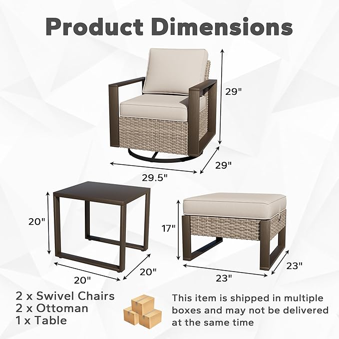Outdoor Patio Swivel Rocker Chairs, 5 Pieces Wicker Furniture Set, 2 Swivel Rocking Chairs, 2 Ottoman and 1 Table, Metal Wide Armrest, Thick Cushions and Deep Seating for Garden, Backyard, Porch, Deck