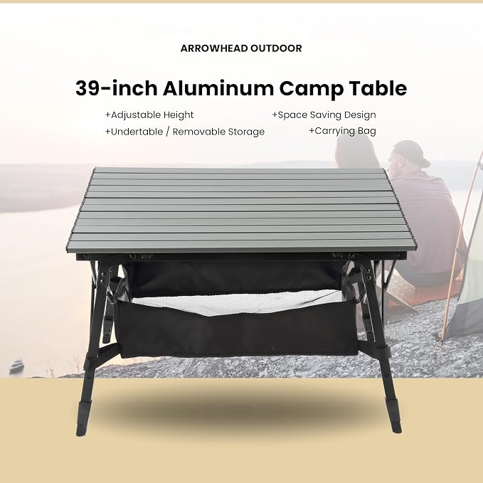 ARROWHEAD OUTDOOR 39" Aluminum Folding Camp Roll Up Table w/Adjustable Height, Undertable Mesh Storage, Carry Bag