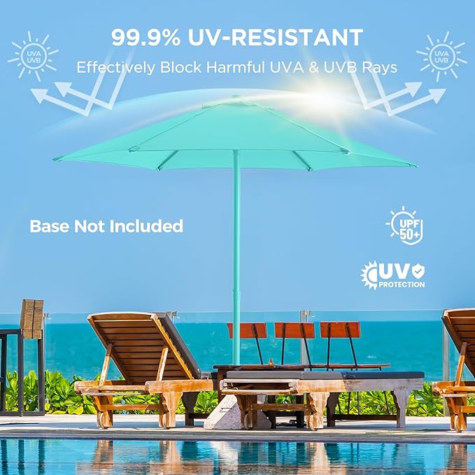 HOMSHADE 7.5ft Outdoor 1S Push-Up Patio Umbrella - Market Table Pool Deck Umbrella UPF50+ UV Protection with 6 Sturdy Ribs for Balcony, Garden, Lawn, Backyard (Light Blue)