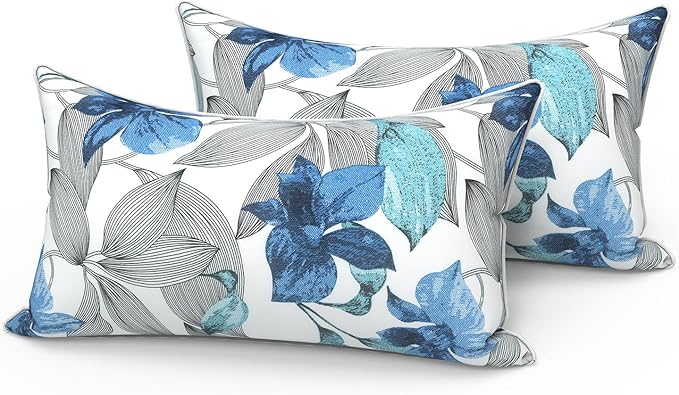 LVTXIII Set of 2 Outdoor Lumbar Pillows for Patio Furniture with White Piping, 12"x20" Fade Resistant Patio Lumbar Pillows with Inserts for Home Coach Sofa Use, Clemens Noir Blue
