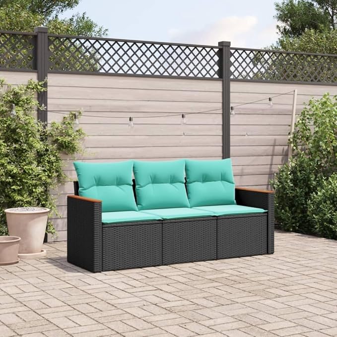 3 Piece Patio Sofa Set with Cushions, Patio Conversation Set Outdoor Dining Sets Porch Furniture Set Front Porch Furniture for Poolside Piazza Garden Exhibition Black Poly Rattan