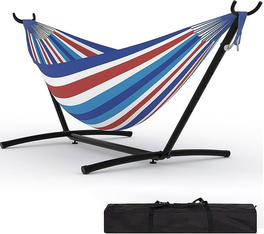 Double Hammock with Stand for Outside, 2 Person Heavy Duty Hammocks for Indoor Outdoor Patio with Carrying Bag, 450 Lbs Capacity, Space Saving Heavy-Duty Steel Stand