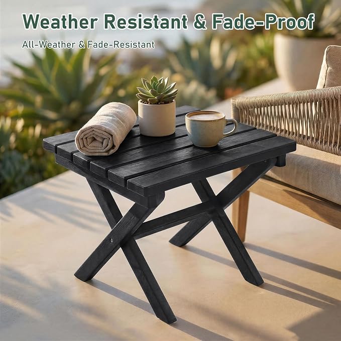 Furnimart 18" Square Foldable Side Table for Outdoor & Camping, Extra-Thick HDPE Weather-Resistant Small Coffee Table, Portable Black Outdoor End Table for Balcony Poolside Space Saving(Black)