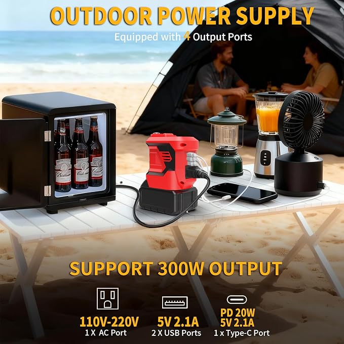AMYBEST 300W Portable Power Inverter for Makita 20V, DC to AC 110V Outdoor Generator Battery Converter with Type-C & Dual USB, Portable Power Station with LED Light