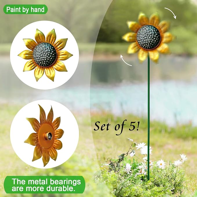Metal Sunflower Wind Spinners,5 Pack Flower Outdoor Yard Garden Stakes | Metal Wind Spinner for Yard Stake,Patio,Lawn Outdoor Decorations