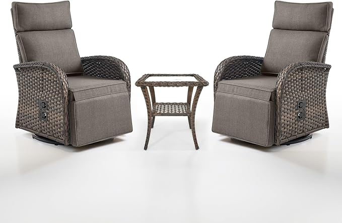 Dual-Adjust Swivel Outdoor Recliner Chair Set of 3 - Reclining Patio Chair with Adjustable Backrest and Footrest, All-Weather Wicker Chaise Lounge Outdoor with Side Table for Pool Deck Brown Grey