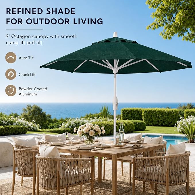 Treasure Garden 9ft Patio Umbrella - Outdoor Furniture Market Umbrella – Deluxe Auto-Tilt – White Aluminum Frame (Sunbrella, Forest Green)
