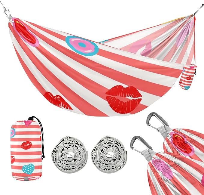 Red White Striped Heart Lip Summer 330lb Capacity Hammocks with Hanging Rope Swing Hammock for Camping & Hiking Essential Silla colgante para Patio Exterior