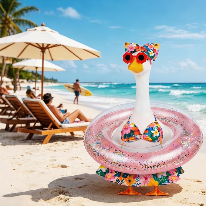 23 in Porch Goose Summer Outfit Bikini, Hawaiian Porch Goose Swimsuit Clothes Costume Accessories with Bow Glasses Swim Ring for 23" Summer Goose Garden Patio Statue Decor (Flower)
