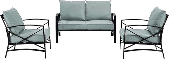 Crosley Furniture Kaplan 3-Piece Outdoor Loveseat Patio Furniture Set, Conversation Sets for Porch, Deck, Oiled Bronze with Mist Cushions