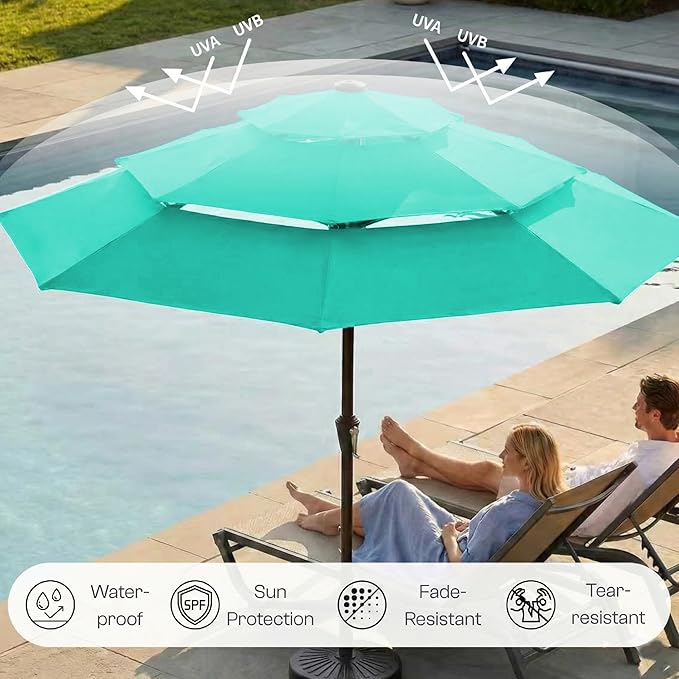 10FT Patio Umbrella 3 Tiers with LED Light Outdoor Market Umbrella w/Push Button Tilt, Crank, UV and Waterproof Table Umbrella for Garden, Pool, Backyard, Deck, Lawn, Turquoise Blue