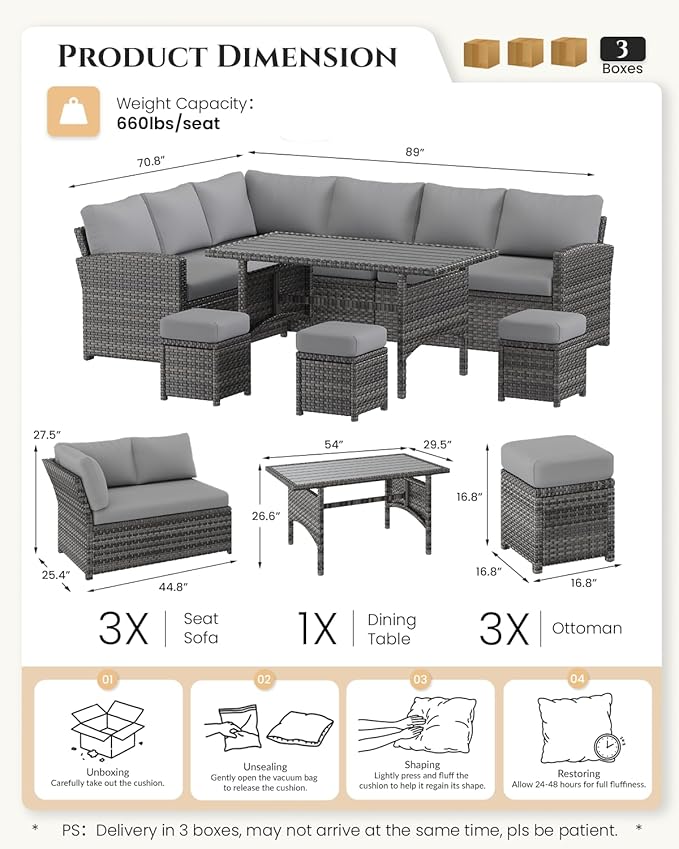 U-MAX 7 Pieces Patio Furniture Set, Outdoor Sectional Sofa Conversation Set, All Weather Wicker Rattan Dining Table & Chair with Ottoman, Grey Rattan&Grey Cushion