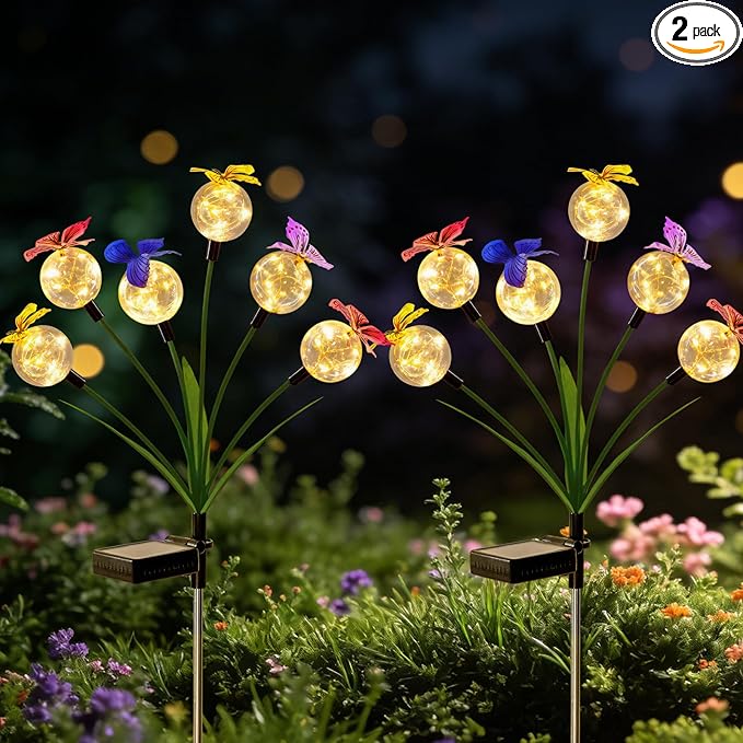 2 Pack Solar Outdoor Decorative Lights, Garden Lights Solar Powered with 12 Led Globe Lights and Butterflies, Gifts for Women Grandma, Solar Decorations for Garden Yard Lawn Ornaments (Butter Warm)