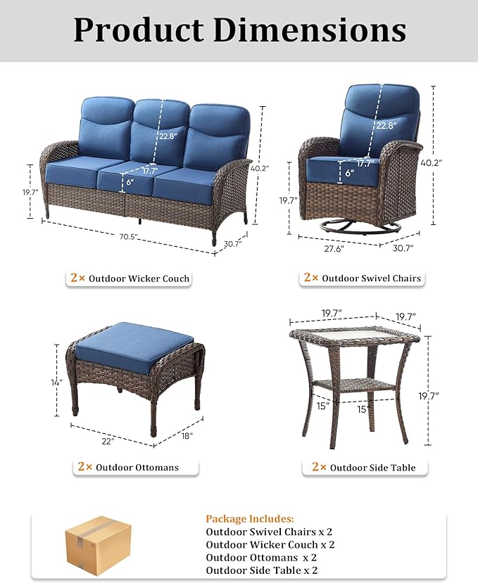 8-Piece Luxury Patio Furniture Set with 6-inch Thick Cushion,Outdoor Wicker Sofa Couch Set of 2 & Swivel Rocker Chairs, Conversation Set for Poolside, Deck & Yard - Blue
