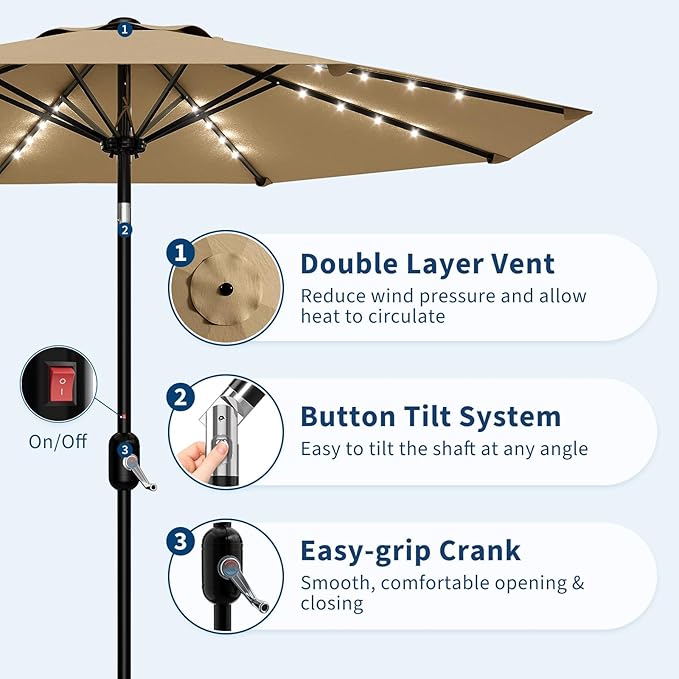 Garvee 9/10 FT Solar Patio Umbrella with 32 LED Lights - Outdoor Table Umbrella with Crank Lift, Push Button Tilt and 8 Sturdy Ribs - Market Umbrella UV Protection for Pool, Deck, Yard, Garden