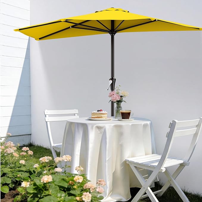 AreShark 9FT Half Patio Umbrella, Outdoor Wall Umbrella with Crank & 5 Sturdy Ribs, Table 1/2 Umbrella Patio for Garden, Deck, Balcony and Pool, Yellow