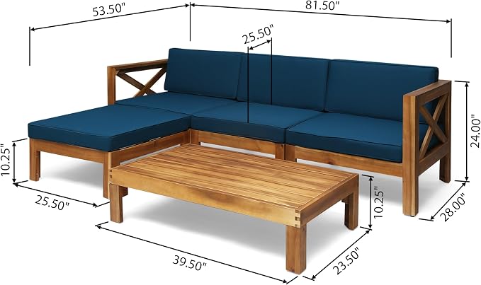 Merax Patio Furniture Set L-Shape Sofa with Table and Cushions for 3-Person, Acacia Wood Outdoor Conversation Set for Patio Deck Backyard Poolside (Teak)