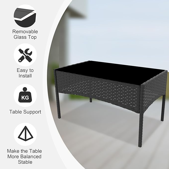 4 Pieces Outdoor Patio Furniture Sets,Wicker Rattan Conversation Sets, Bistro Patio Set with 2 Chairs,Soft Cushion,Loveseat and 1 Glass Coffee Table for Backyard Porch Garden Poolside Balcony,Black
