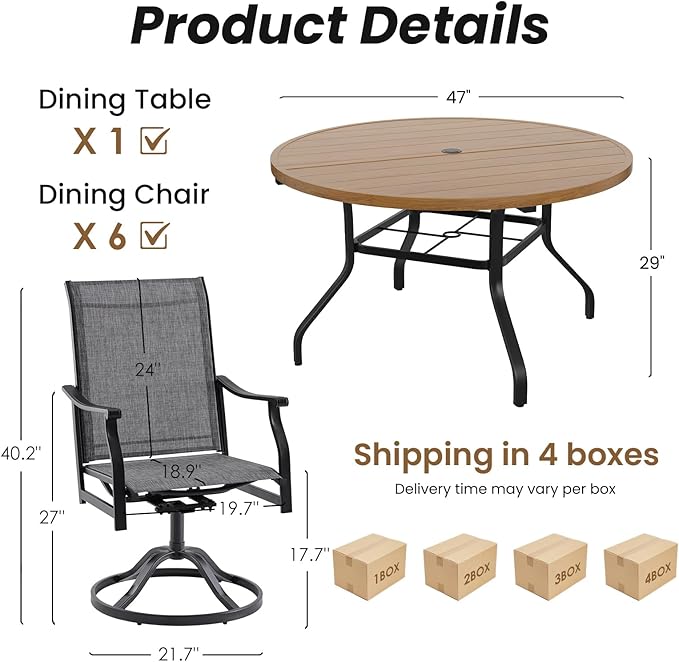 Soohow 7-Piece Outdoor Dining Set, Round Patio Dining Table and Chairs Set for 6, 6 x Swivel Patio Chairs and 47" Dining Table with 1.57" Umbrella Hole, Wood-Like, Ideal for Poolside, Backyard, Deck