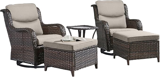 Rilyson Wicker Patio Furniture Set - 5 Piece Rattan Outdoor Sectional Conversation Sets with 2 Swivel Rocking Chairs,2 Ottomans and 1 Side Table for Porch Deck Garden(Brown/Beige/Smile)