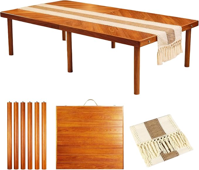 60x30in Boho Wooden Foldable Picnic Table, Portable Outdoor Low Table for Sitting On The Floor with Legs,for 6-8 People,Ideal for Camping, Garden,Party,Picnics & Parties,Logcolor (Brown)